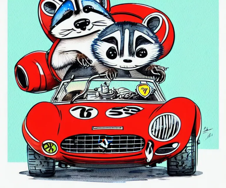 Image similar to cute and funny, racoon wearing a helmet riding in a tiny 1 9 6 2 ferrari 2 5 0 gto, ratfink style by ed roth, centered award winning watercolor pen illustration, isometric illustration by chihiro iwasaki, edited by range murata