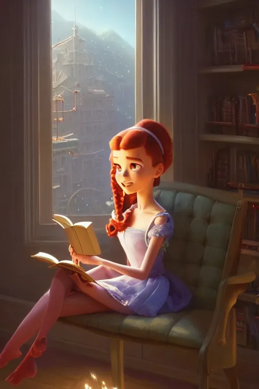 Image similar to highly detailed portrait of beautiful girl reading a book in toy story 3, detailed hands, dynamic pose, stephen bliss, unreal engine, fantasy art by greg rutkowski, loish, rhads, ferdinand knab, makoto shinkai and lois van baarle, ilya kuvshinov, rossdraws, tom bagshaw, global illumination, radiant light, detailed and intricate environment