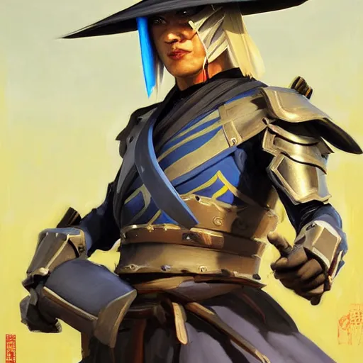 Prompt: greg manchess portrait painting of raiden from mortal kombat wearing a samurai hat as overwatch character, medium shot, asymmetrical, profile picture, organic painting, sunny day, matte painting, bold shapes, hard edges, street art, trending on artstation, by huang guangjian and gil elvgren and sachin teng