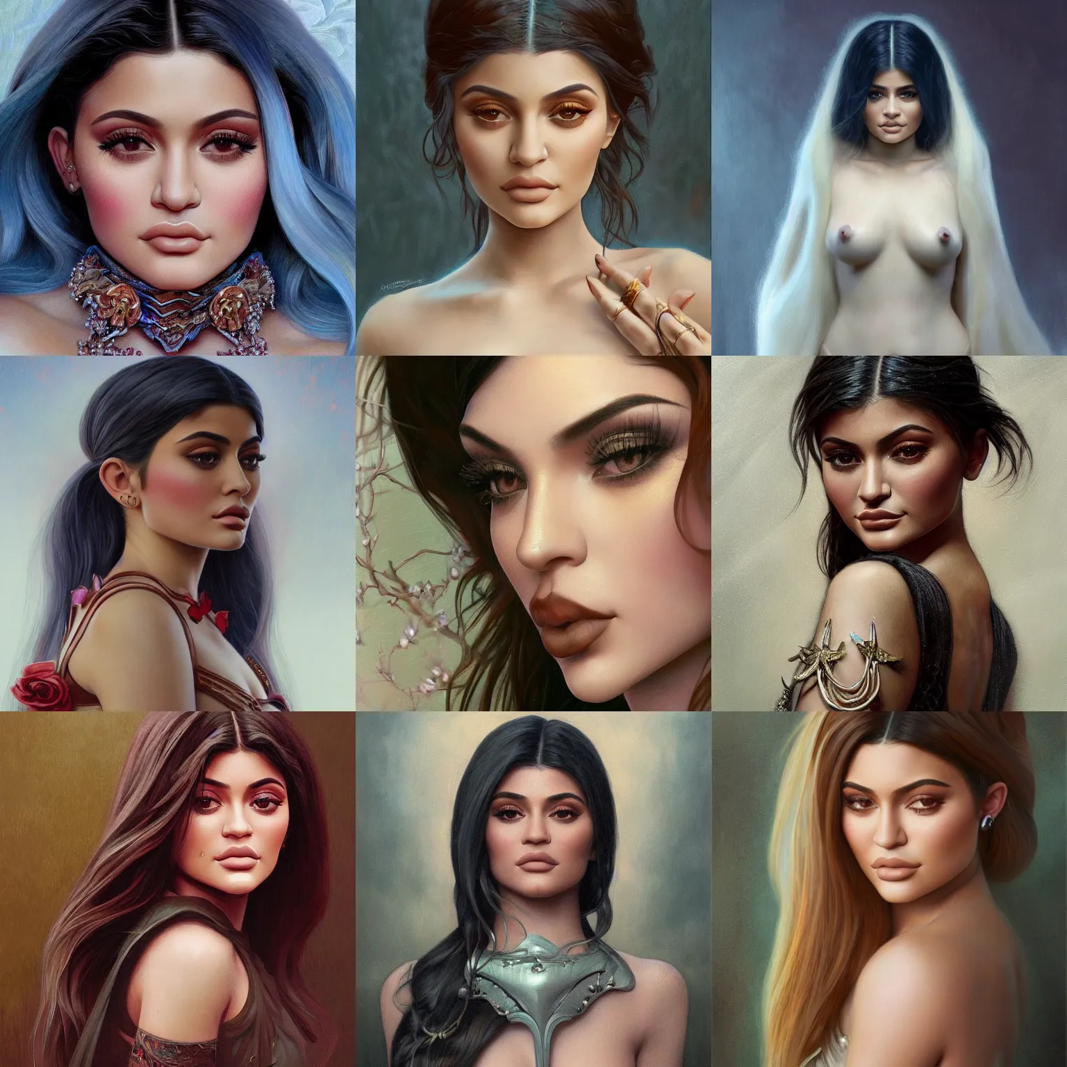 Prompt: portrait of Kylie Jenner, unreal, fantasy, intricate, elegant, dramatic, highly detailed, photorealistic, digital painting, painterly, artstation, concept art, smooth, sharp focus, art by John Collier and Krenz Cushart and Artem Demura and Alphonse Mucha and Albert Aublet