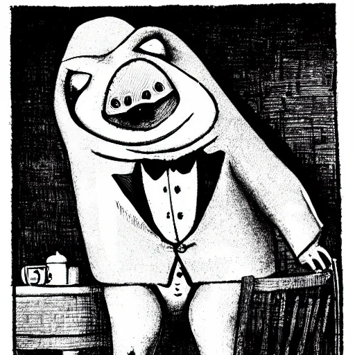 Prompt: a gentleman pig in a tuxedo, creepy, chiaroscuro, dark night, illustration by Edward Gorey