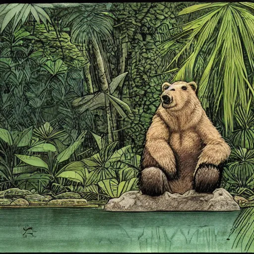 Prompt: a bear sitting in a pond in a lush jungle together with a guitarist, drawing by moebius