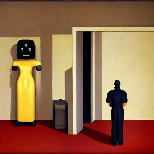 Image similar to human workers being reprogrammed at a mind control center, robot guards, grant wood, pj crook, edward hopper, oil on canvas