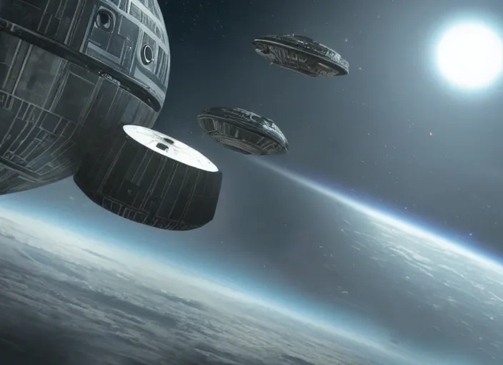 Image similar to film still of the death star hovering above earth in the new star wars movie, 4 k