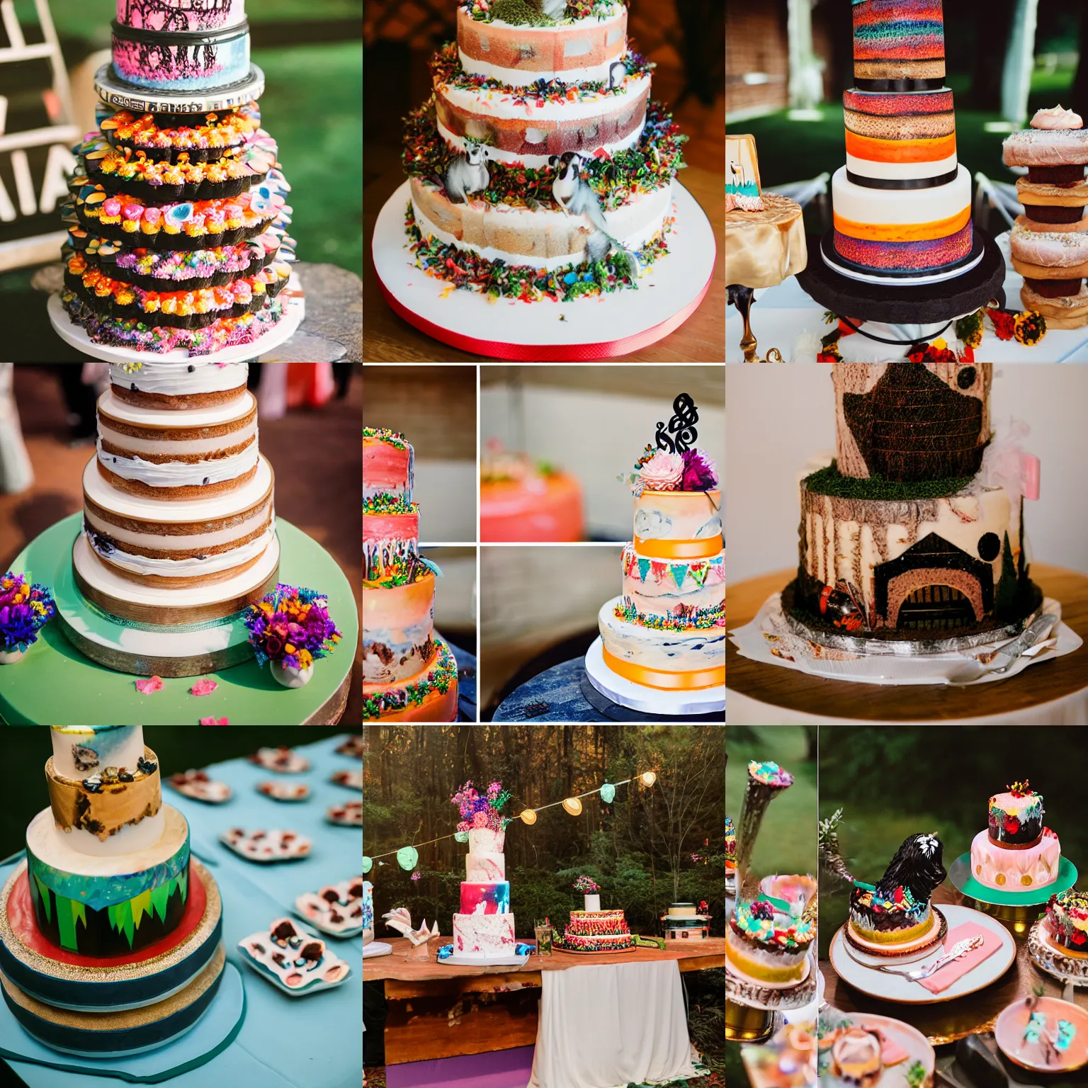 Prompt: Merriweather Post Pavilion by Animal Collective themed wedding cake, food photography