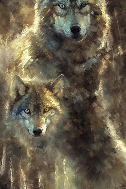 Image similar to spiritual twin flame wolf art, forest hue, highly detailed, oil painting, by craig mullins