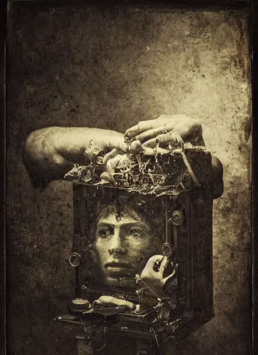 Image similar to old wetplate daguerreotype portrait of the birth of a genius artist, explosion of data fragments, fractal, intricate, elegant, highly detailed, parallax, leica, medium format, subsurface scattering, by jheronimus bosch and greg rutkowski and louis jacques mande daguerre