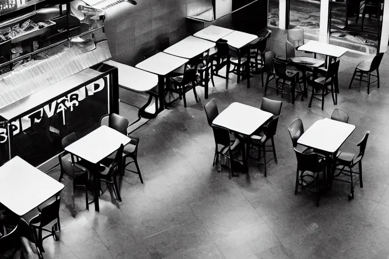 Image similar to overhead view, surveillance, black and white, grainy image, a lion in an empty fast food restaurant lobby