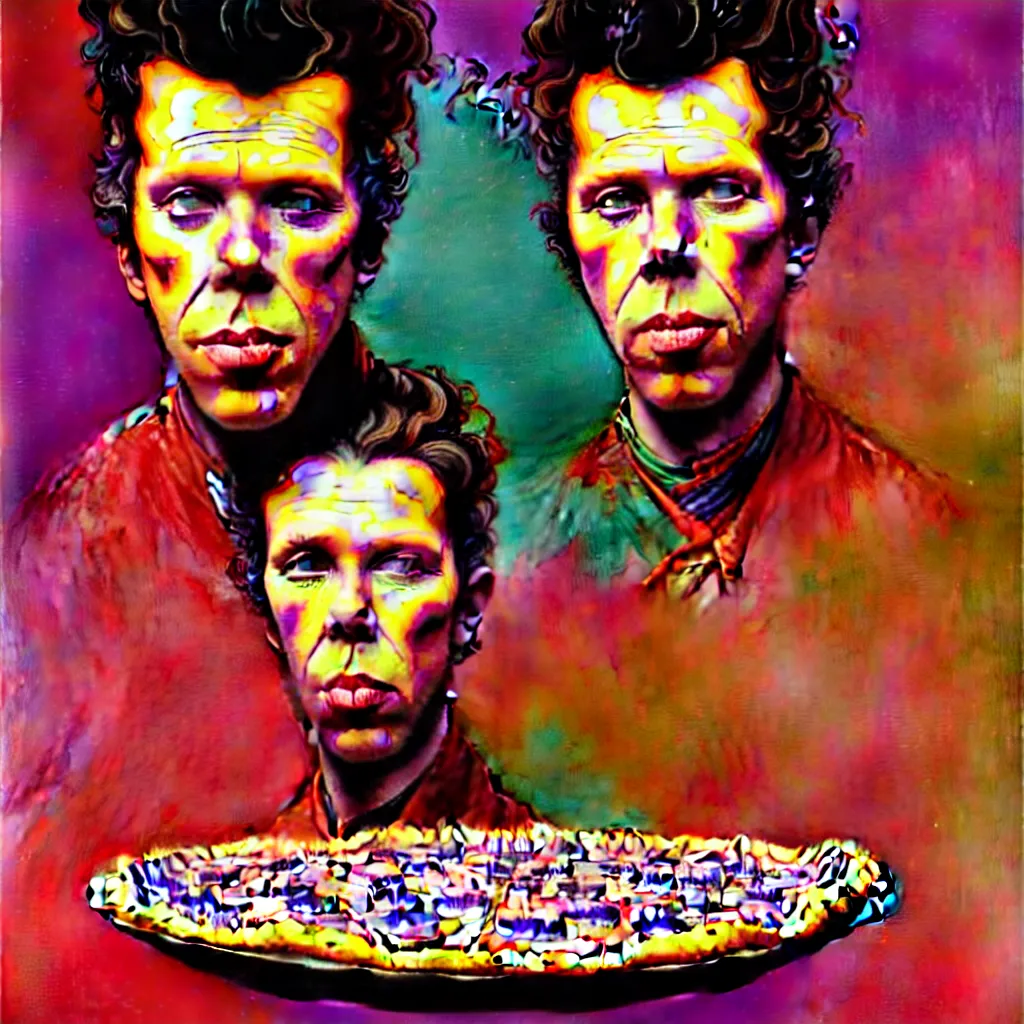 Image similar to bright psychedelic portrait of tom waits baking pizza, diffuse lighting, fantasy, intricate, elegant, highly detailed, lifelike, photorealistic, digital painting, artstation, illustration, concept art, smooth, sharp focus, art by John Collier and Albert Aublet and Krenz Cushart and Artem Demura and Alphonse Mucha