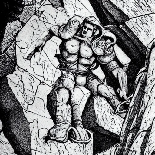 Prompt: dungeons and dragons, rogue rock climbing up the fossilised golem like remains of an ancient giant, very detailed, fantasy art, portrait