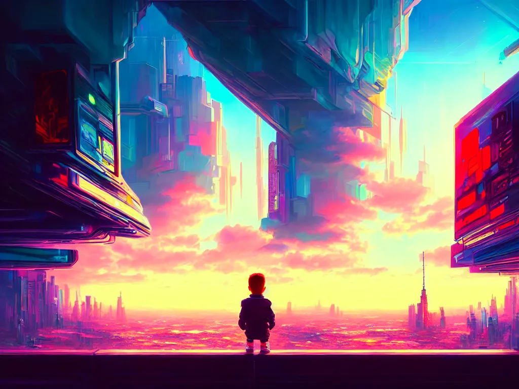 Image similar to a painting of a boy in a crystal box watching a colorful sunrise futuristic city surrounded by clouds, cyberpunk art by yoshitaka amano and alena aenami, cg society contest winner, retrofuturism, matte painting, apocalypse landscape, cityscape