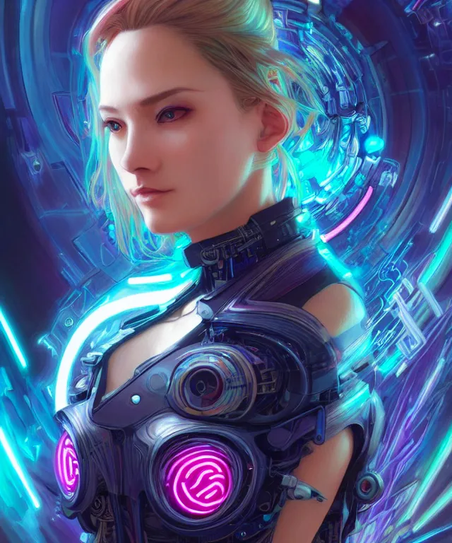 Image similar to beautiful adult woman wearing netrunner clothing, extremely detailed face, cyberpunk, cybernetic, cyborg, vaporwave aesthetic, synthwave, flowing hair, colorful, psychedelic, intricate, elegant, highly detailed, digital painting, artstation, concept art, smooth, sharp focus, illustration, art by artgerm and greg rutkowski and alphonse mucha