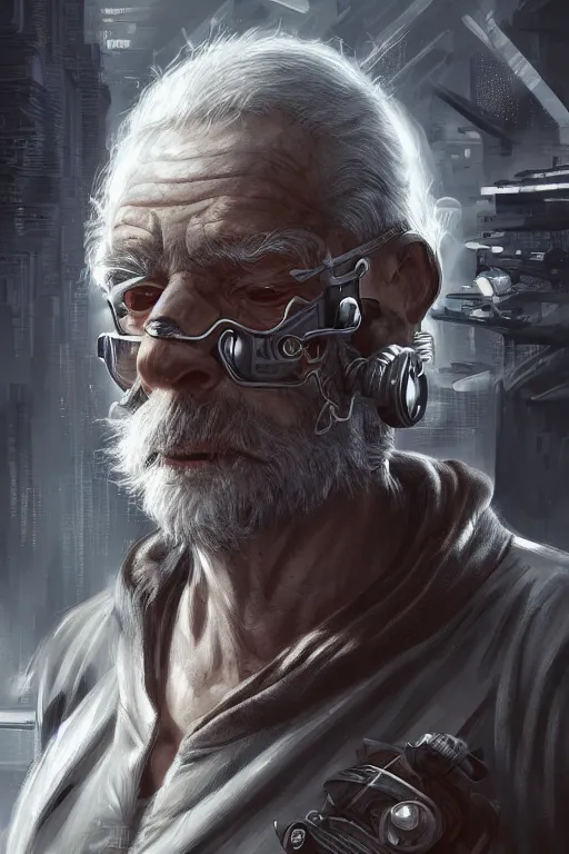 Image similar to Ultrarealistic illustration old man cyborg, cyberpunk, sci-fi fantasy,intricate,elegant,highly detailed, digital painting, artstation, concept art