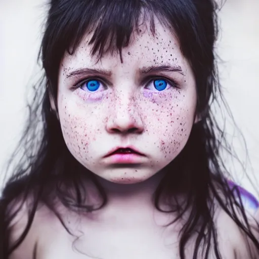 Prompt: a little blue girl with messy black hair she has sharp pointed ears freckles along the ridges of her cheeks, high resolution film still, 4k, HDR colors