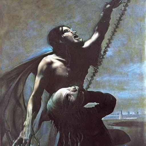 Prompt: metalhead singing dramatically, heavy metal, gothic, oil painging by caravaggio and alan lee
