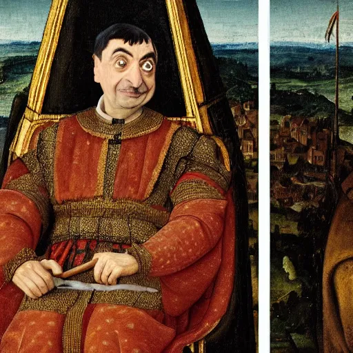 Image similar to A still of Mr. bean depicted as a medieval king on a throne, renaissance oil painting