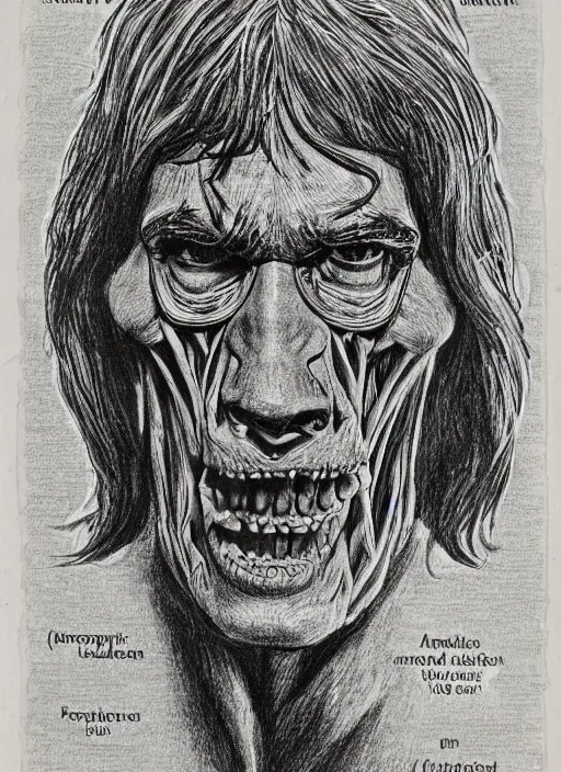 Image similar to full page scan of detailed vintage anatomical drawing of Stephen King as Jordy Verrill in Creepshow (1982), illustrated, intricate writing, highly detailed