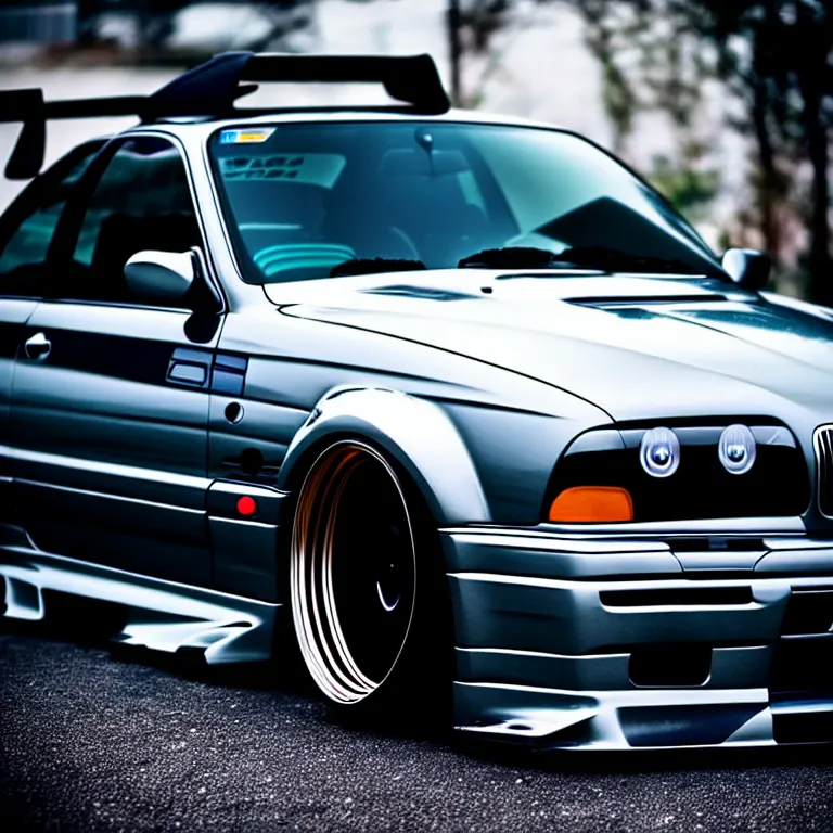 Image similar to close-up-photo BMW E36 widebody illegal JDM meet, Saitama prefecture, misty night, cinematic color, photorealistic, high detailed wheels, highly detailed bodykit,