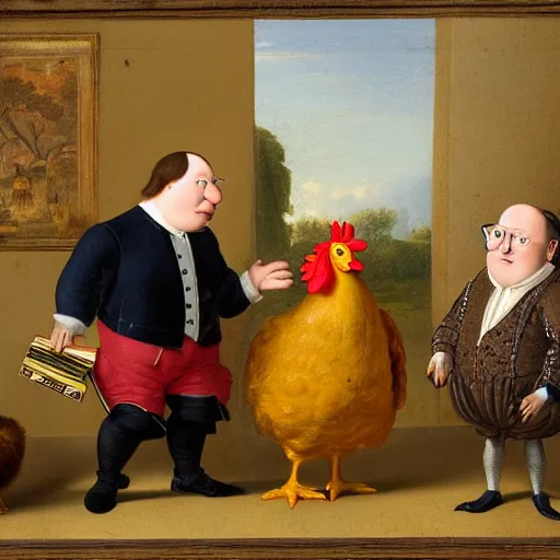 Prompt: dutch golden age painting of peter griffin and a giant chicken standing next to each other in an office, very intricate, very detailed, 8 k,