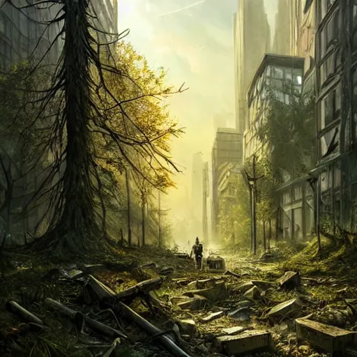 Image similar to postapocalyptic city of munich!!!, wild forest!!! vegetation!!!, small rubble!!, hyperrealistic, highly detailed, cinematic, sunny light, beautiful, cgssociety, artstation, 8 k, oil painting by greg rutkowski, by artgerm, by wlop