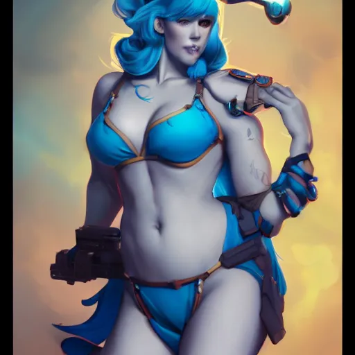 Prompt: beautiful girl portrait with blue hair wearing a bikini, symmetrical face, character concept, character concept art, by Peter Mohrbacher and Alphonse Mucha, overwatch, weapon, detailed, style, 8k, trending on artstation, unreal