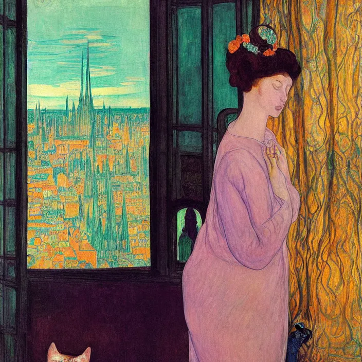 Prompt: close portrait of woman in transparent vaporous night gown with cat and aloe vera, with city with gothic cathedral seen from a window frame with curtains. sun through the clouds, vivid iridescent psichedelic colors. agnes pelton, egon schiele, munch, henri de toulouse - lautrec, utamaro, monet