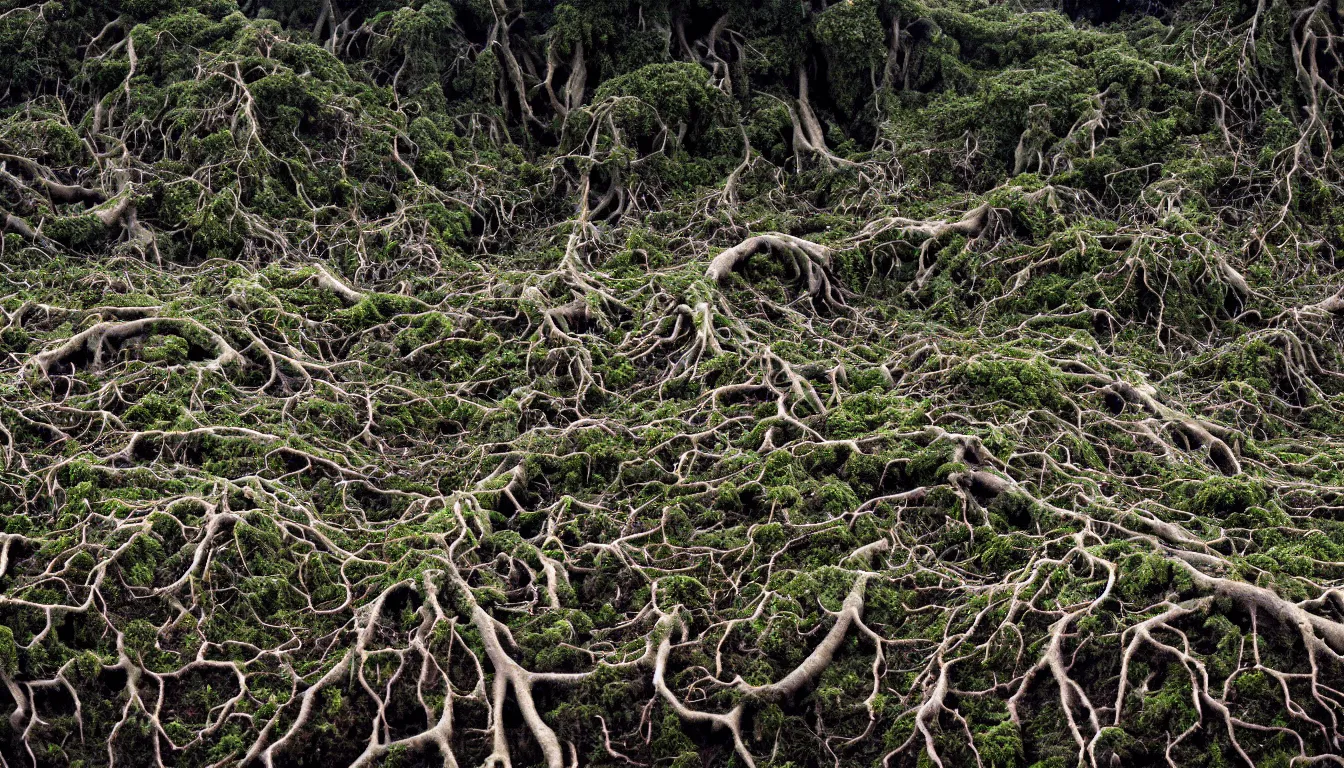 Prompt: Hundreds of humans , emerging hands and beautiful women’s and men screaming laughing and crying face , inside huge dark wet mycelium biodiversity all round , dramatic dusk illuminate detailed entangled fibres carpet the fallen rocks , tree roots puncture and crack rocks , stormy clouds gather in the distance , full colour , upscale , 8k