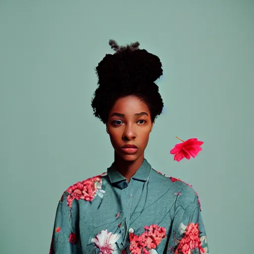 Image similar to realistic photoshoot for a aime leon dore lookbook, color film photography, portrait of a beautiful woman in style of tyler Mitchell, person has a flower in her hair, 35mm, graflex