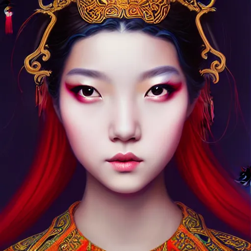 Image similar to symmetrical painting, a beautiful young chinese female in dress, pretty, perfect face, elegant, ornate, luxury, elite, matte painting, by artgrem, by james jean, by ross tran - h 6 0 0