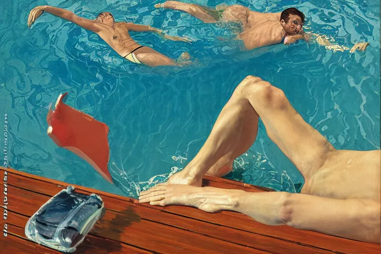 Image similar to emmanuel macron underwater swimming in a pool in california house, wearing small speedo, water is shimmering, by david hockney, peter doig, lucien freud, francis bacon, bouguereau, norman rockwell, pop surrealism