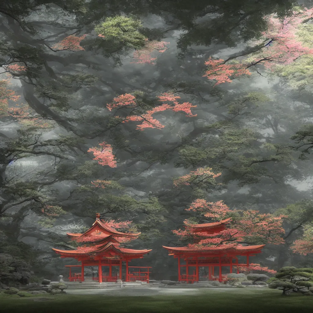 Image similar to Japanese shrine in misty morning, highly detailed, dreamlike!, 3D render, volumetric lighting, digital art, blue and pink accents, 8K photography, matte photo-realistic, vivid colors, perspective, octane render, breathtaking, by Maximilian DegenPro of Artstation