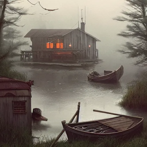 Prompt: movie scene of a bait and tackle shack, a wooden dock and fisher boats on a very misty day, cinematic, very mysterious mood, by greg rutkowski, loish, rhads, ferdinand knab, makoto shinkai and lois van baarle, artgerm, pixar, ilya kuvshinov, rossdraws, tom bagshaw, global illumination