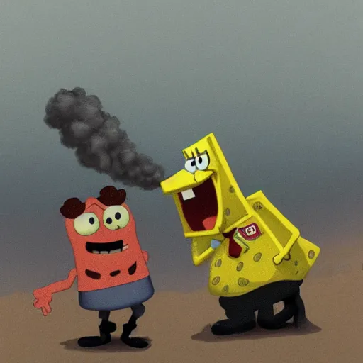 Image similar to a gloomy photo of spongebob and patrick standing on the beach, d-day, smoke, fire, detailed, realistic, hyper-realism,