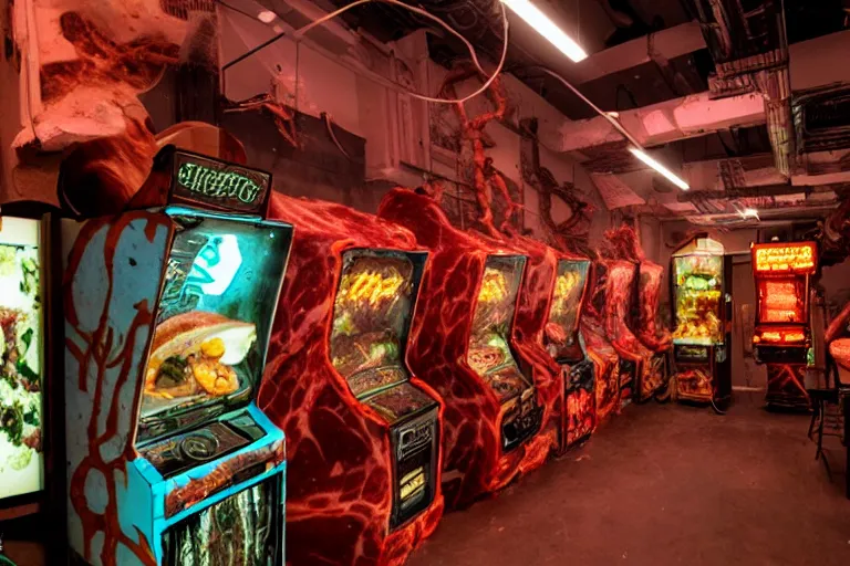 Prompt: batch of retro derelict biopunk arcades made of meat, bones and flash