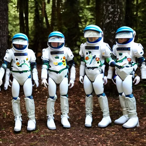 Image similar to a squad of space scouts wearing camo uniforms with white armor and helmets and a tall robot exploring a forest planet