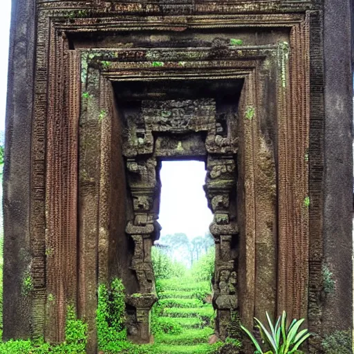 Image similar to candi bentar, javanese split gateway. separate halves. fantasy concept art. overgrown, mossy, cracked and worn