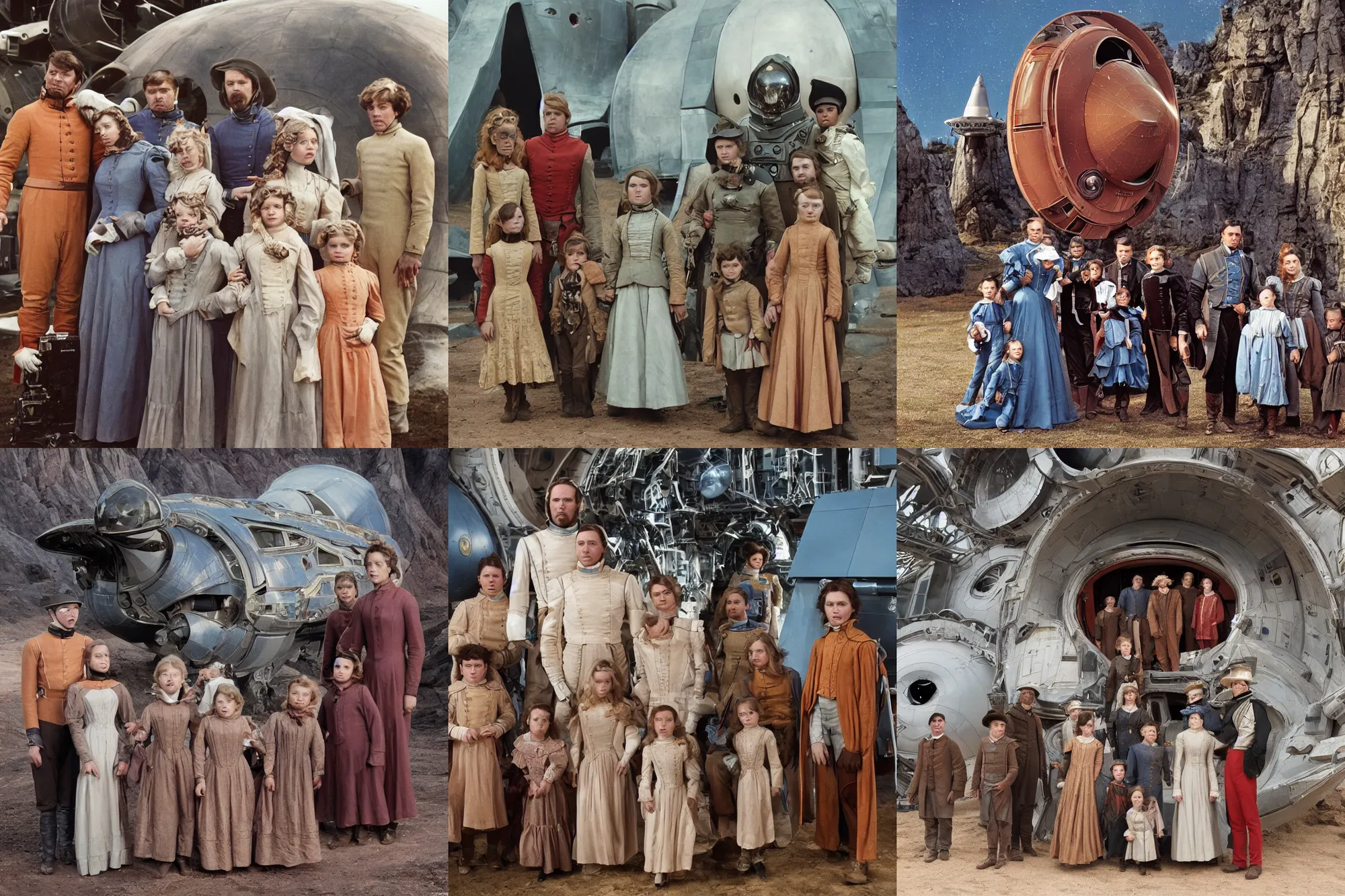 Prompt: highly detailed, 513435456k film, 67200mm film still from a sci fi blockbuster color movie made in 2019, set in 1860, of a family standing in front of a spaceship that has just landed on an alien planet, the family are all wearing 1860s era clothes, good lighting, good photography, ultra high definition
