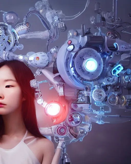 Image similar to beautiful centered photo of korean girl as a solarpunk cyborg with white mechanical parts and implanted bright halogen lamps, treading above calm water, ultra - realistic and detailed, sun lit, white background, bokeh, soft focus, slow exposure hdr 8 k