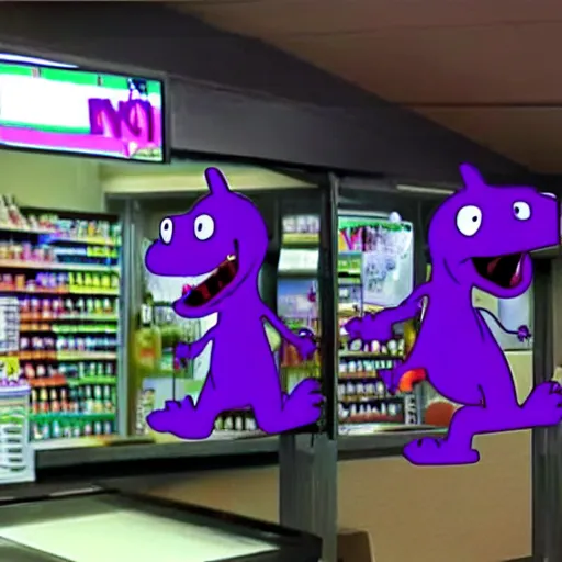 Image similar to security cam footage of barney the dinosaur robbing a convenience store