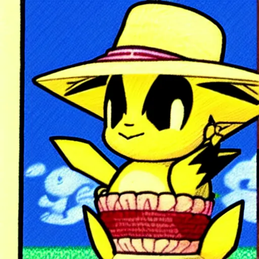 Image similar to Pichu wearing a straw hat by Ken Sugimori