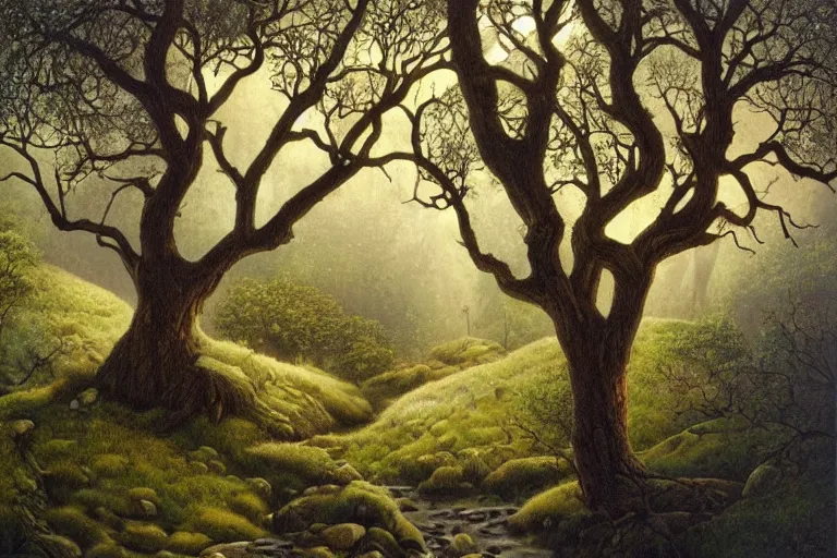 Image similar to masterpiece painting of oak trees on a hillside overlooking a creek, dramatic lighting, by daniel merriam