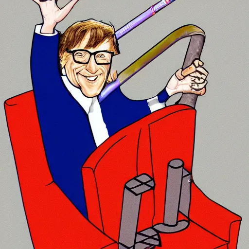 Image similar to caricature of Bill Gates pole vaulting over a giant chair