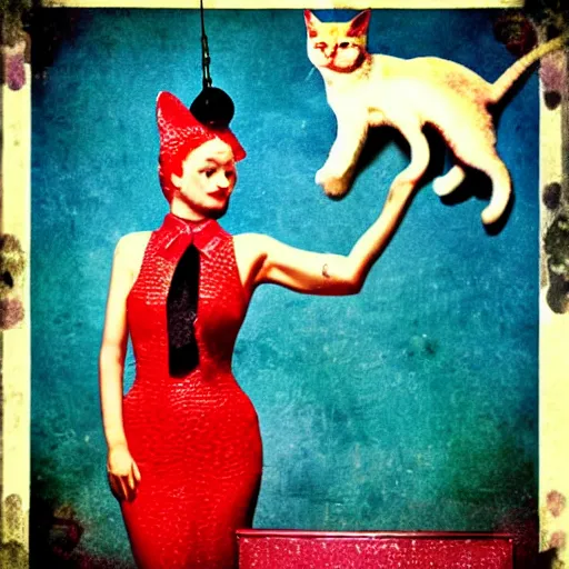 Prompt: the kitsch meow. surreal whimsical retro photograph.