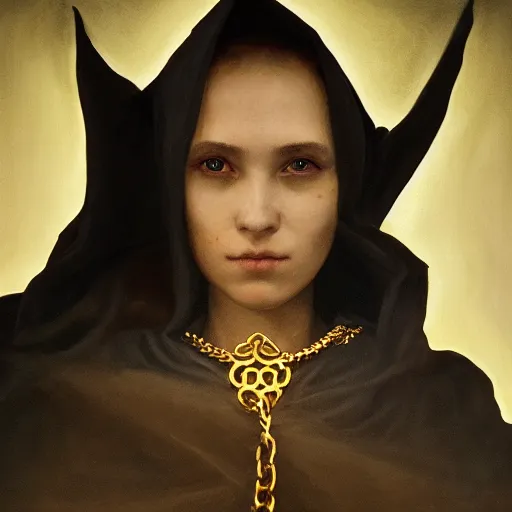 Image similar to a portrait of a young woman wearing a long dark cloak, hood and shadows covering face, holding golden chains, oil painting, matte painting, black background, Volumetric Golden dappled dynamic lighting, Highly Detailed, Cinematic Lighting, Unreal Engine, 8k, HD, by Beksinski