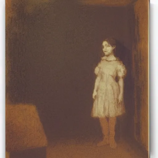 Prompt: a girl in a room, old polaroid by goya, by gustave moreau, digital painting, strong lights, flat colors, pastel colors, eerie, nostalgic