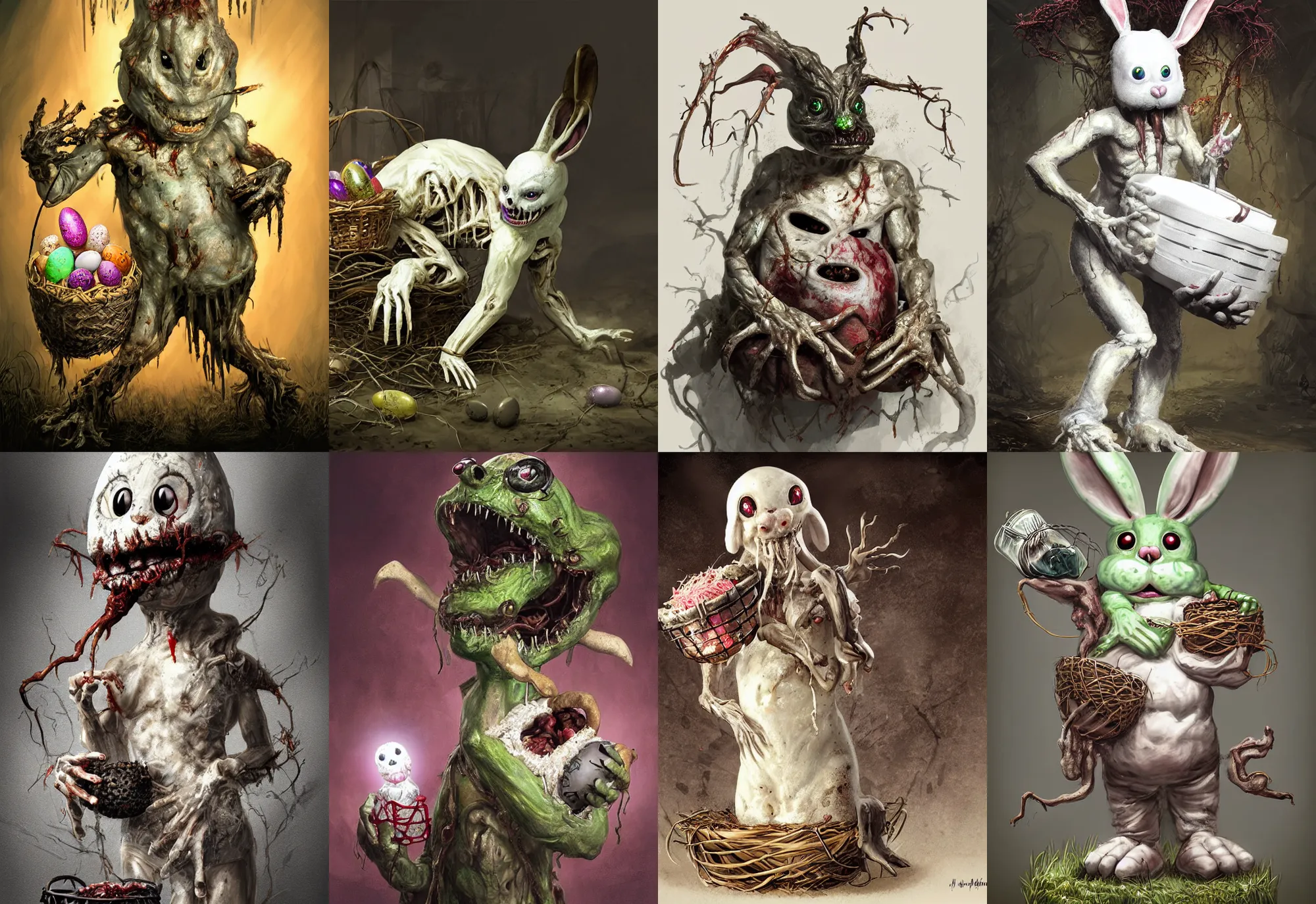 Prompt: a nightmarish slimy monster white easter bunny, with black eyes, rotting flesh, exposed bone, with an easter basket, by jerad marantz, concept art, dramatic lighting, highly detailed digital painting