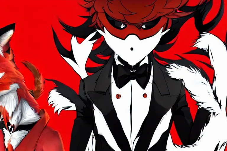 Image similar to a furry tan male fox on a persona 5 : royal ( by atlus ) video game splash screen, a furry male sandcolored tan fox fursona ( has hair ), persona 5 phantom thief style