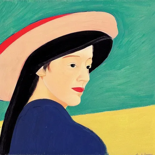 Prompt: woman with hat, by Alex Katz, colorful