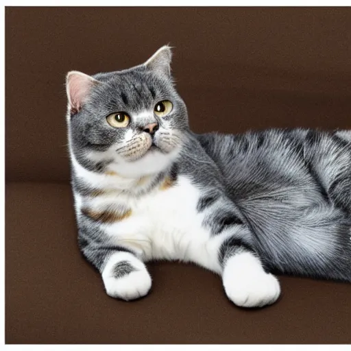 Image similar to a scottish fold cat laying back relaxing, dreaming of infinity, elegant color palette