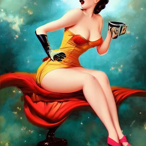 Image similar to a pinup by gil elvgren and anna dittmann.